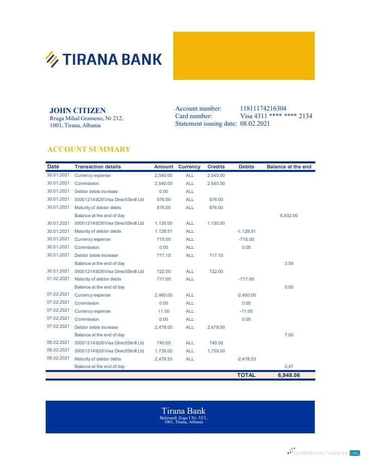 Download Albania Tirana bank statement excel Photoshop template